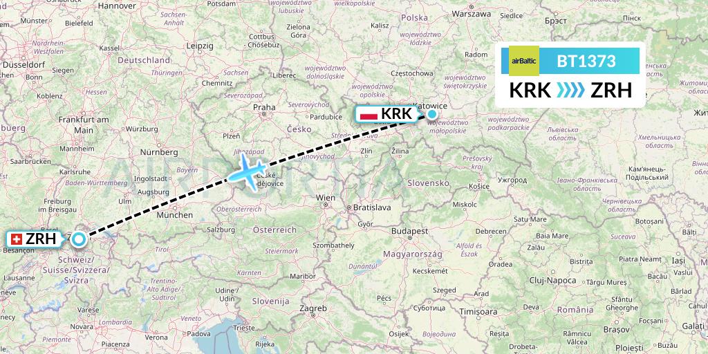 BT1373 Air Baltic Flight Map: Krakow to Zurich