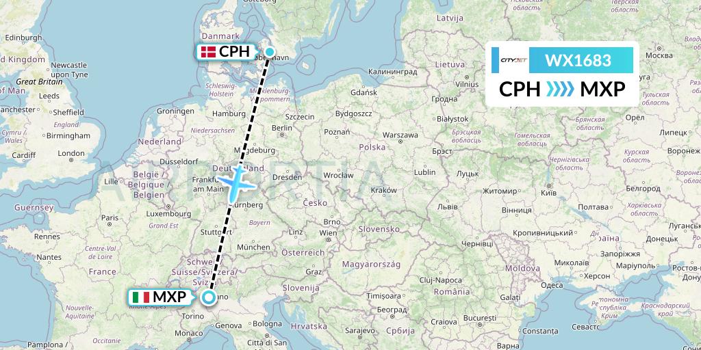 WX1683 Cityjet Flight Map: Copenhagen to Milan