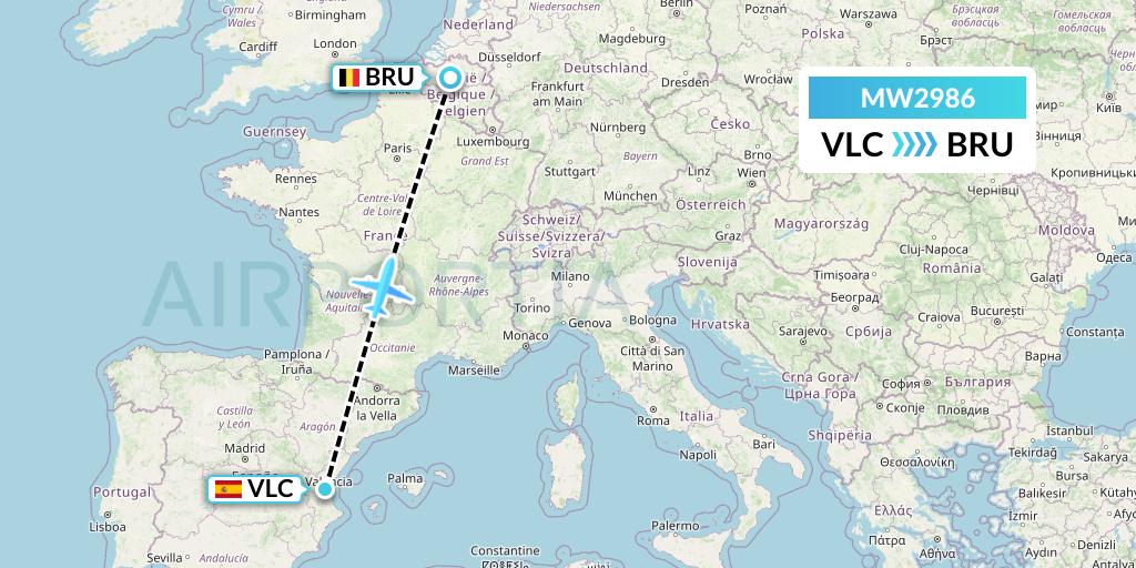 MW2986 Mokulele Flight Service Flight Map: Valencia to Brussels