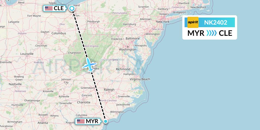NK2402 Spirit Airlines Flight Map: Myrtle Beach to Cleveland