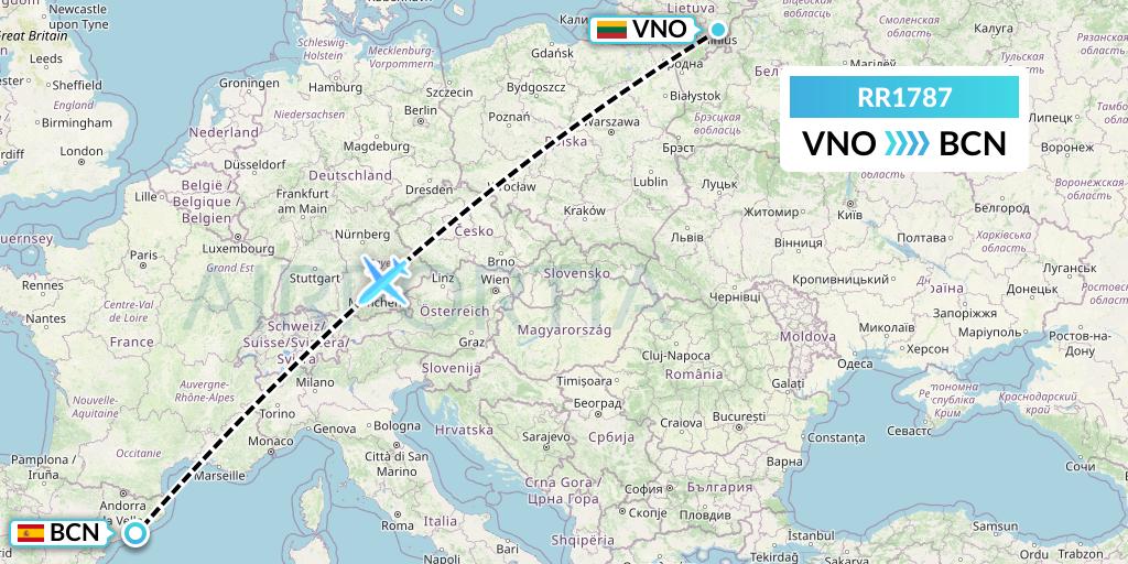 RR1787 Royal Air Force Flight Map: Vilnius to Barcelona