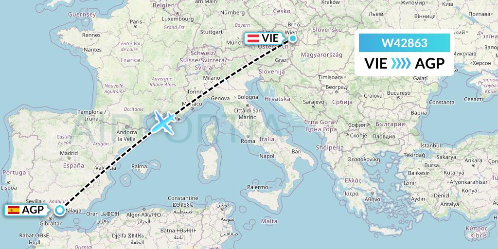 W42863 Wizz Air Malta Flight Map: Vienna to Malaga