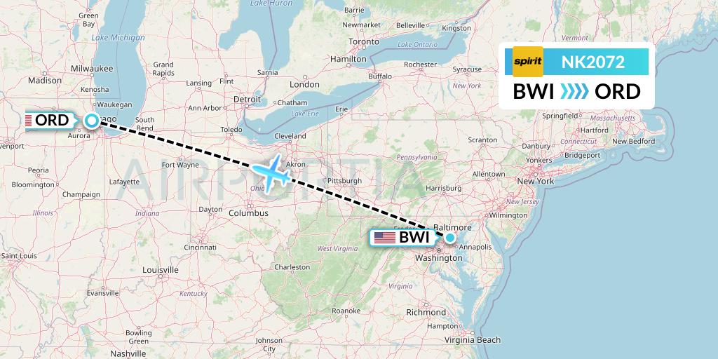 NK2072 Spirit Airlines Flight Map: Baltimore to Chicago