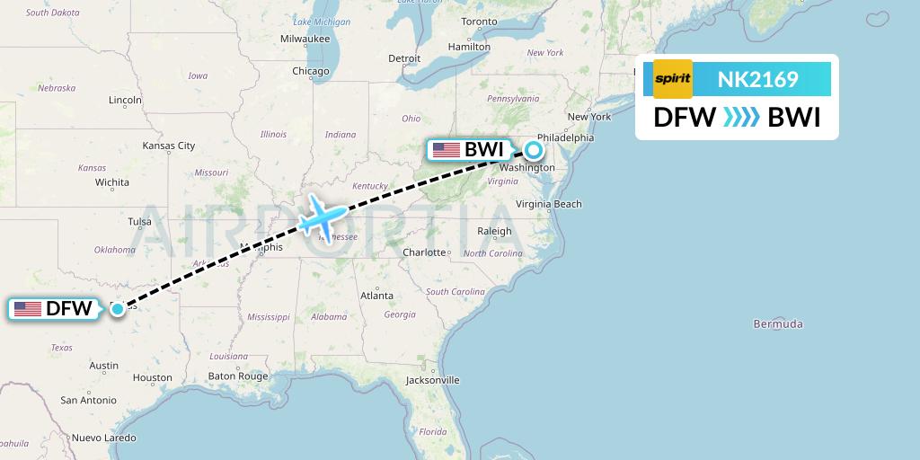 NK2169 Spirit Airlines Flight Map: Dallas to Baltimore