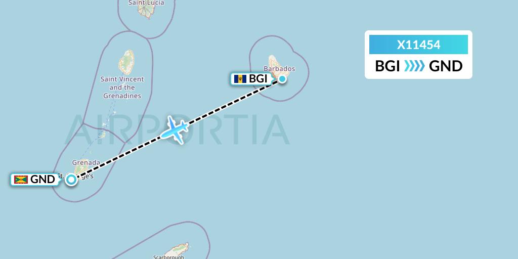 X11454 Nik Airways Flight Map: Bridgetown to Point Salines