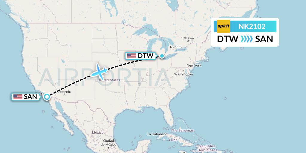 NK2102 Spirit Airlines Flight Map: Detroit to San Diego