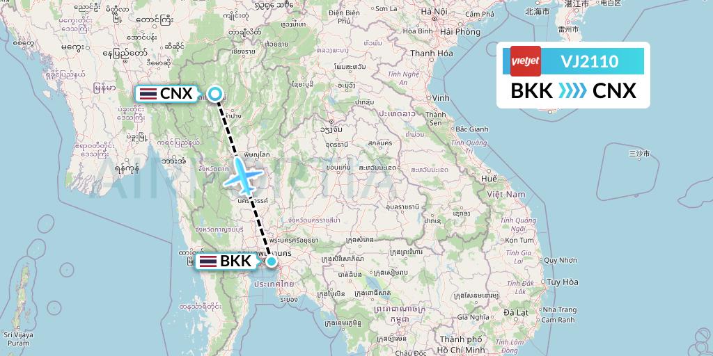 VJ2110 VietJet Air Flight Map: Bangkok to Chiang Mai