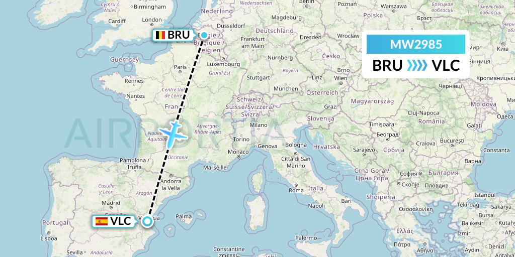 MW2985 Mokulele Flight Service Flight Map: Brussels to Valencia