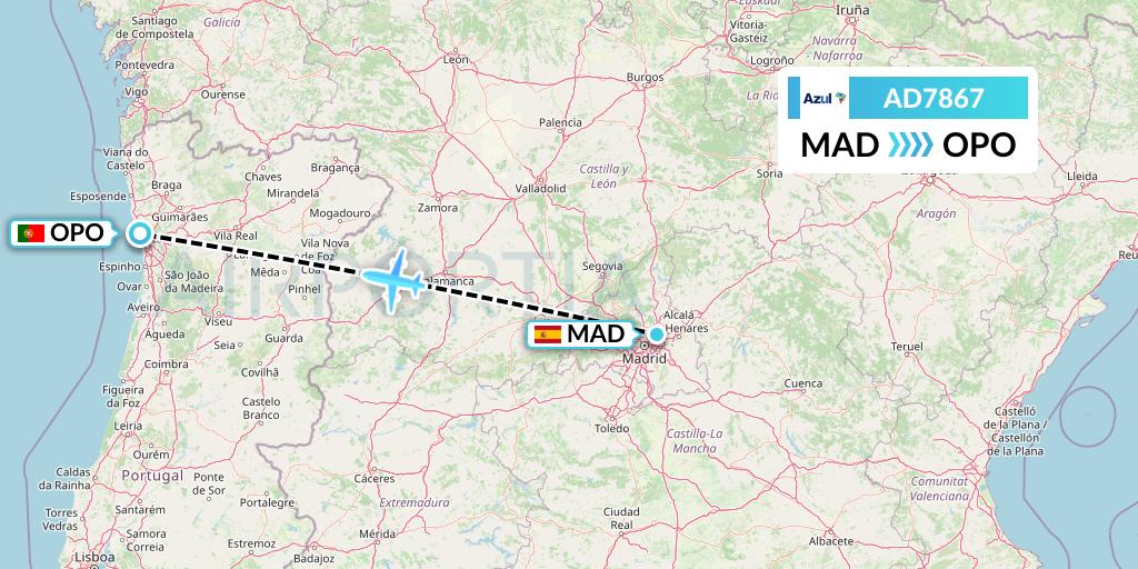 AD7867 Azul Brazilian Airlines Flight Map: Madrid to Porto