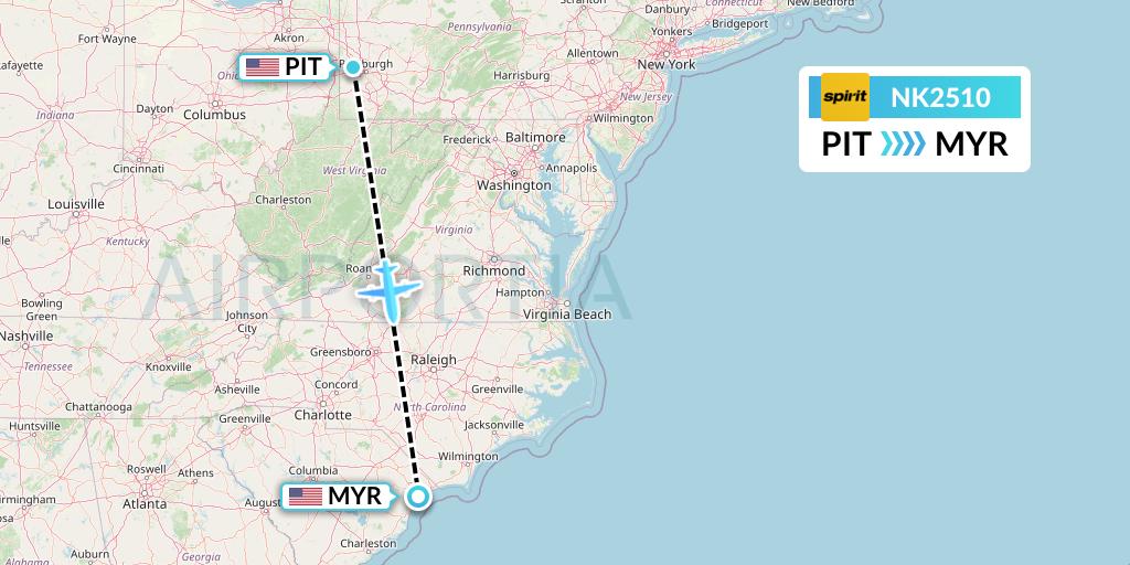 NK2510 Spirit Airlines Flight Map: Pittsburgh to Myrtle Beach
