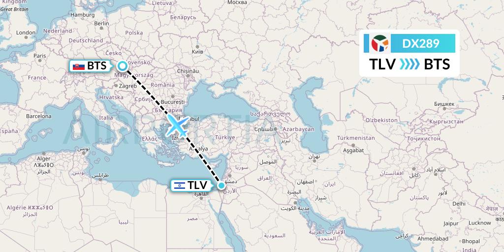 DX289 Danish Air Transport Flight Map: Tel Aviv to Bratislava