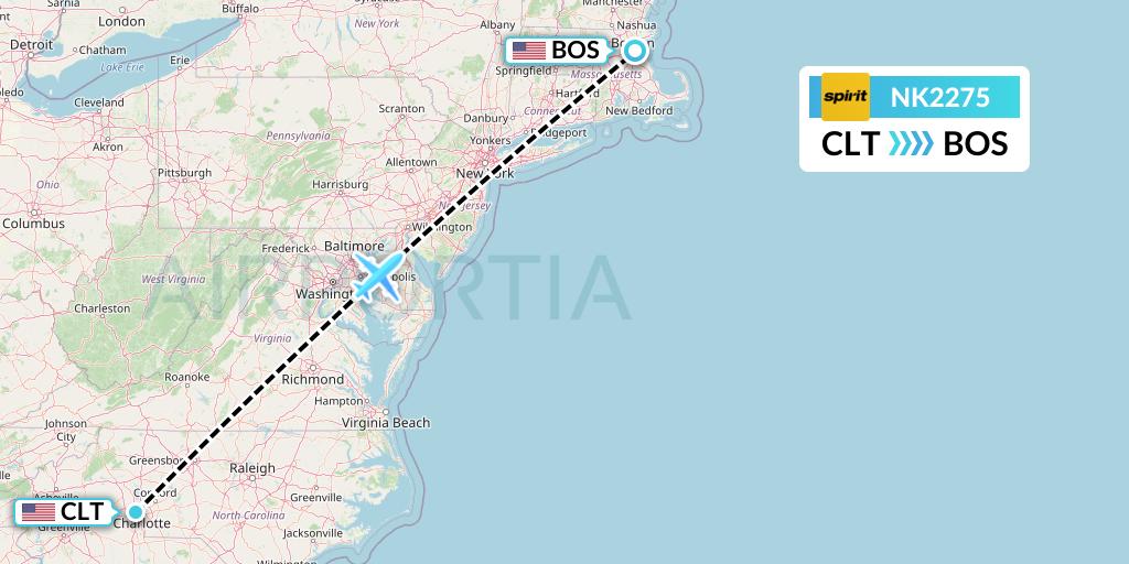 NK2275 Spirit Airlines Flight Map: Charlotte to Boston