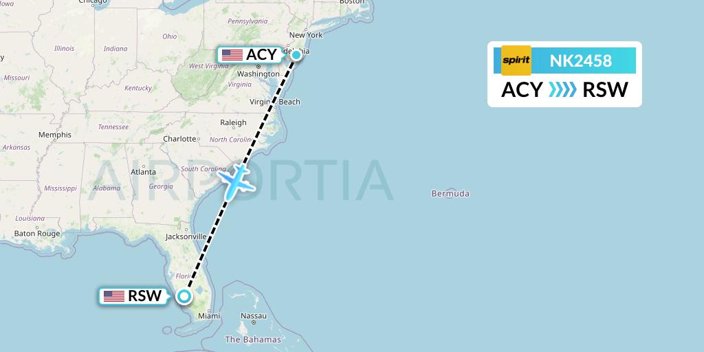 NK2458 Spirit Airlines Flight Map: Atlantic City to Fort Myers