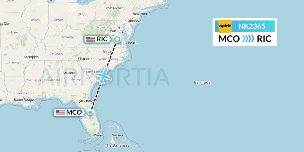 NK2365 Spirit Airlines Flight Map: Orlando to Richmond