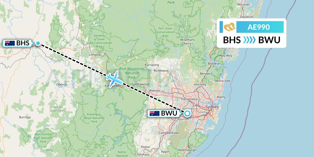 AE990 Mandarin Airlines Flight Map: Bathurst to Bankstown