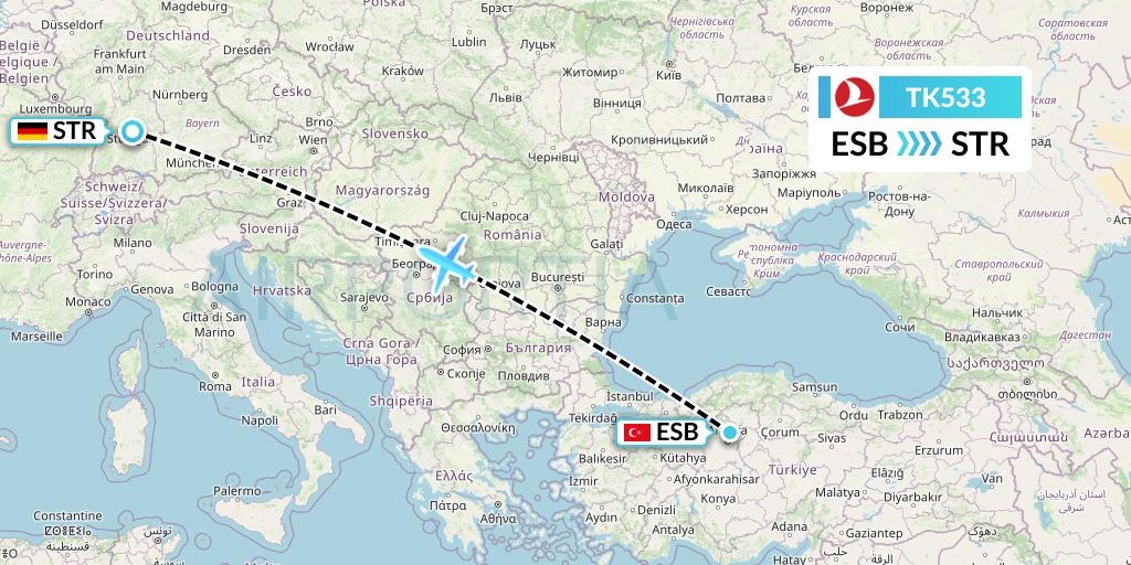 TK533 Turkish Airlines Flight Map: Ankara to Stuttgart