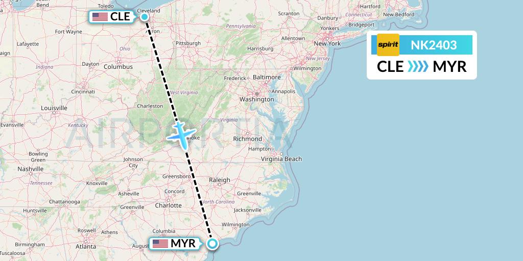 NK2403 Spirit Airlines Flight Map: Cleveland to Myrtle Beach