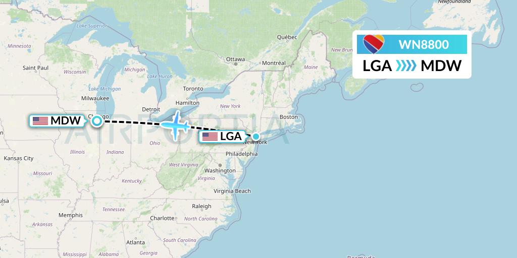 WN8800 Southwest Airlines Flight Map: New York to Chicago