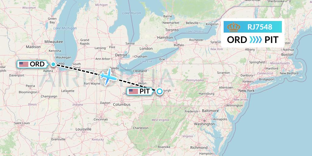 RJ7548 Royal Jordanian Flight Map: Chicago to Pittsburgh