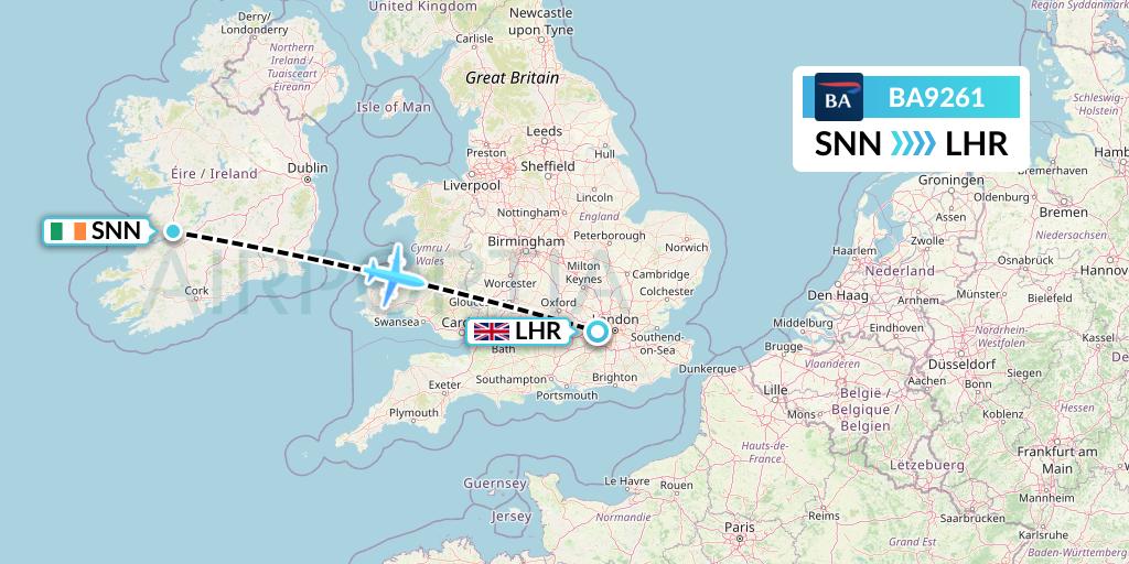 BA9261 British Airways Flight Map: Shannon to London
