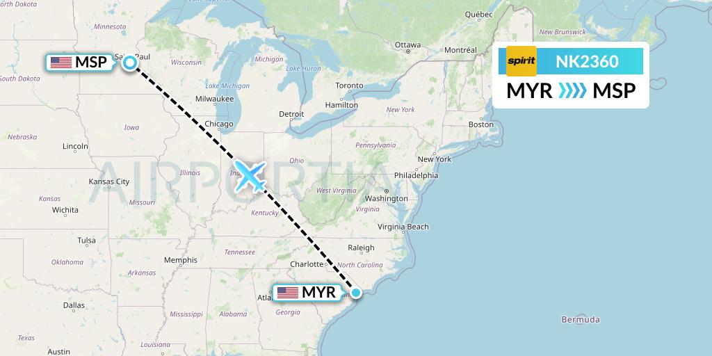 NK2360 Spirit Airlines Flight Map: Myrtle Beach to Minneapolis