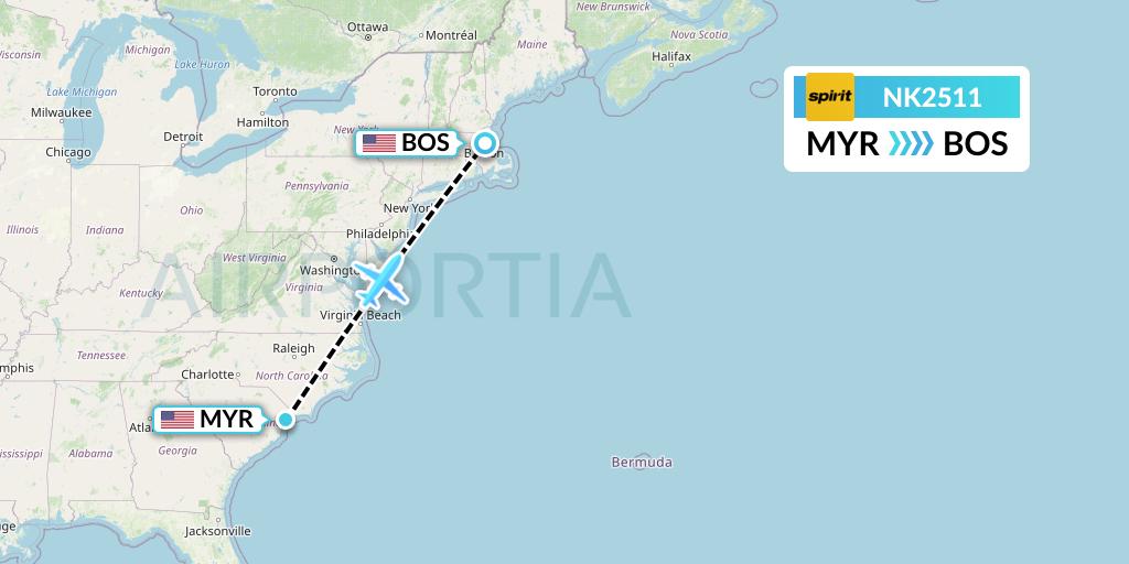 NK2511 Spirit Airlines Flight Map: Myrtle Beach to Boston