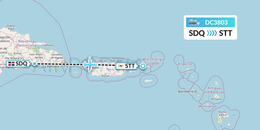DC3803 Braathens Regional Flight Map: Santo Domingo to St. Thomas