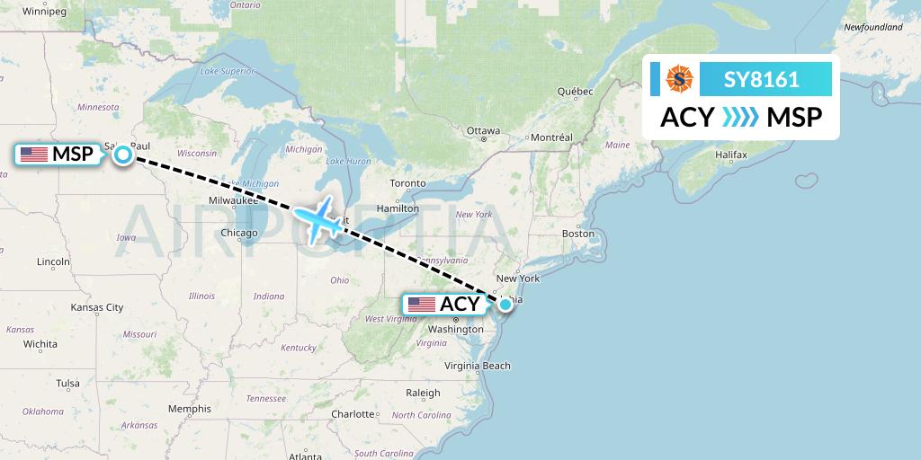 SY8161 Sun Country Airlines Flight Map: Atlantic City to Minneapolis
