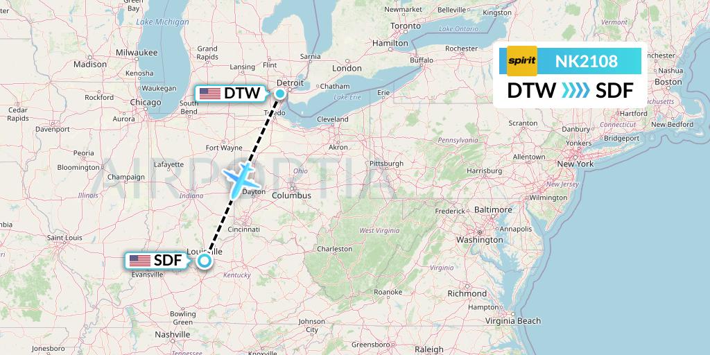 NK2108 Spirit Airlines Flight Map: Detroit to Louisville