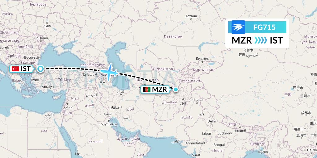 FG715 Ariana Afghan Airlines Flight Map: Mazar-I-Sharif to Istanbul