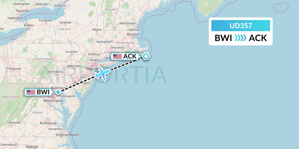 UD357 UR Airlines Flight Map: Baltimore to Nantucket