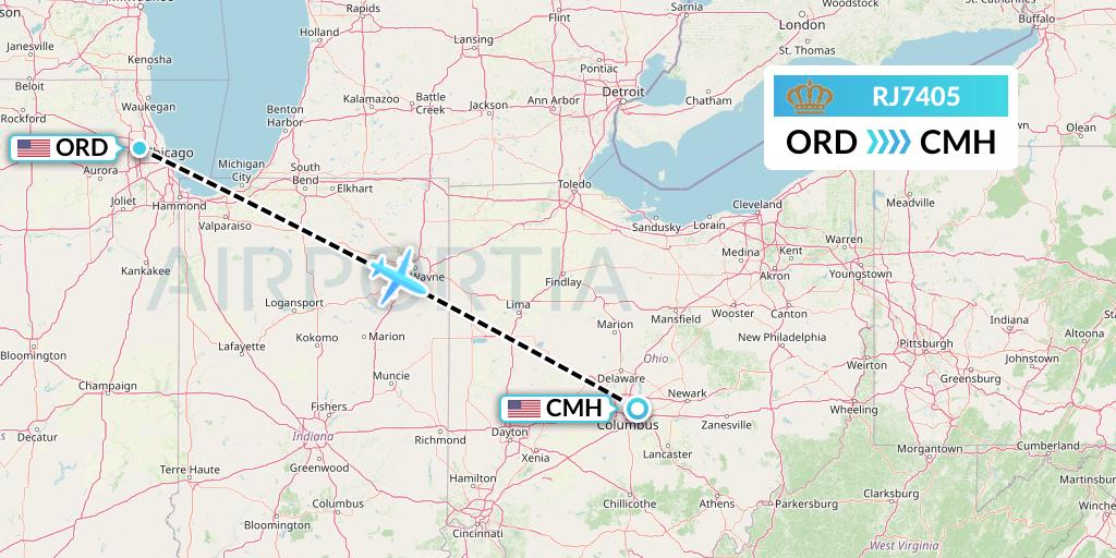 RJ7405 Royal Jordanian Flight Map: Chicago to Columbus