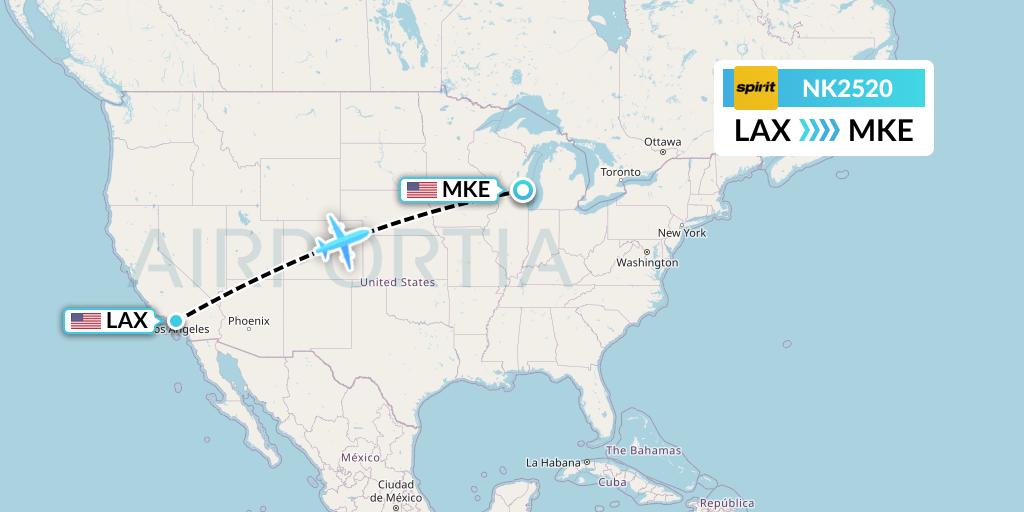 NK2520 Spirit Airlines Flight Map: Los Angeles to Milwaukee