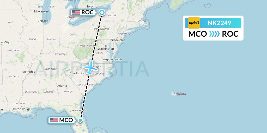 NK2249 Spirit Airlines Flight Map: Orlando to Rochester