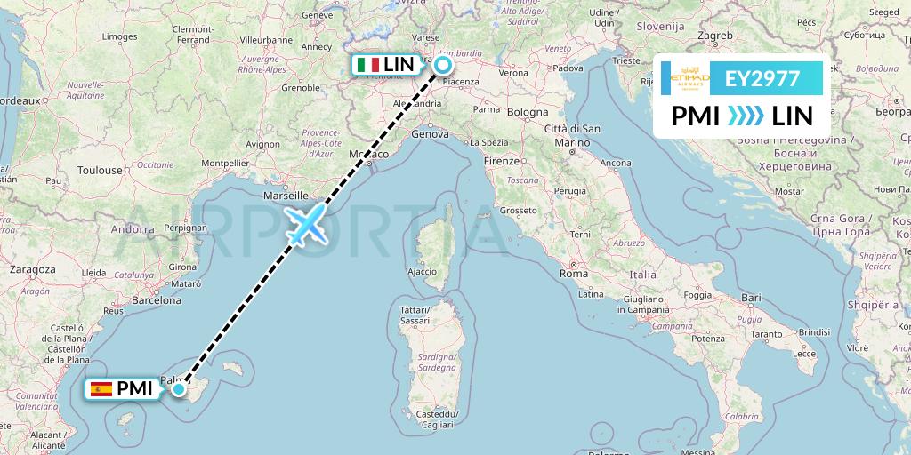 EY2977 Etihad Airways Flight Map: Palma de Mallorca to Milan