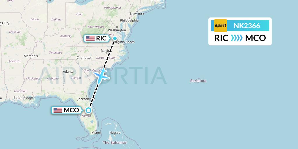 NK2366 Spirit Airlines Flight Map: Richmond to Orlando
