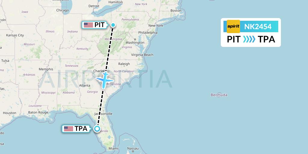 NK2454 Spirit Airlines Flight Map: Pittsburgh to Tampa