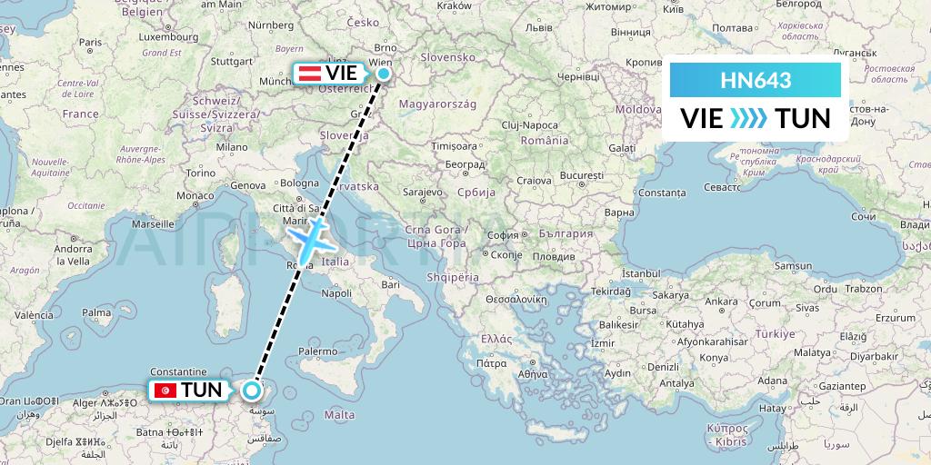 HN643 Uab Heston Airlines Jsc Heston Airl Flight Map: Vienna to Tunis