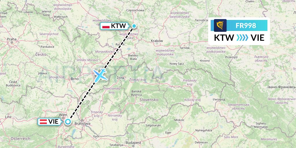 FR998 Ryanair Flight Map: Katowice to Vienna