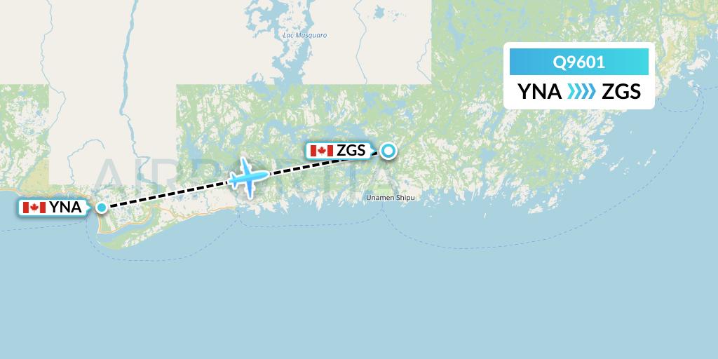 Q9601 Green Africa Airways Limited Flight Map: Natashquan to Gethsemani