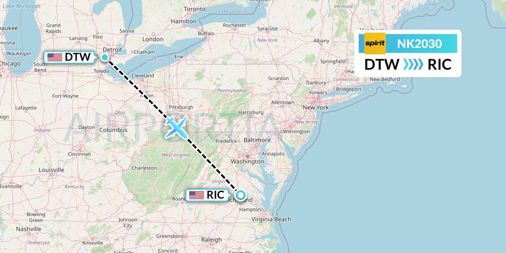 NK2030 Spirit Airlines Flight Map: Detroit to Richmond