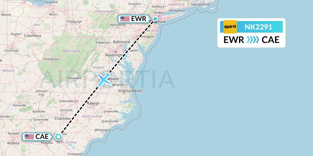 NK2291 Spirit Airlines Flight Map: New York to Columbia