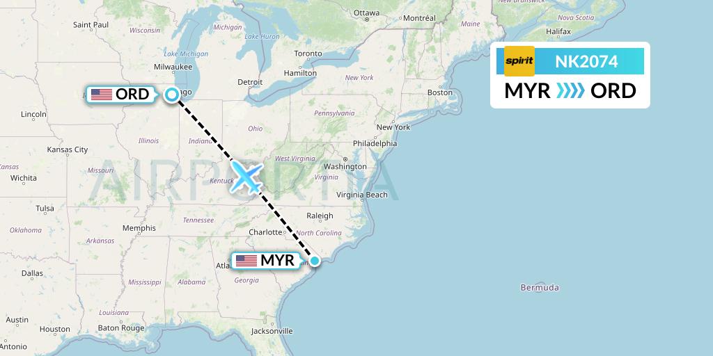 NK2074 Spirit Airlines Flight Map: Myrtle Beach to Chicago