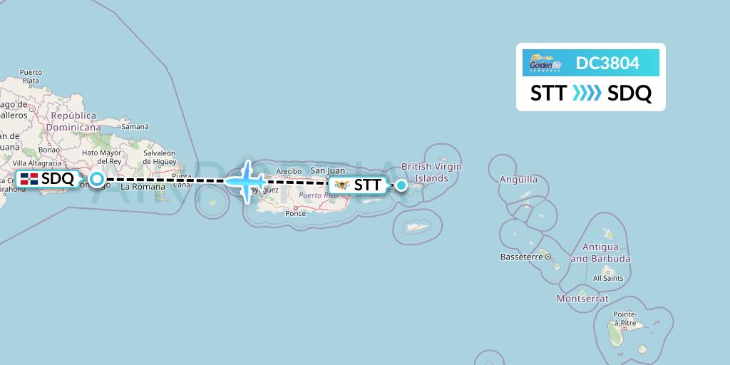DC3804 Braathens Regional Flight Map: St. Thomas to Santo Domingo