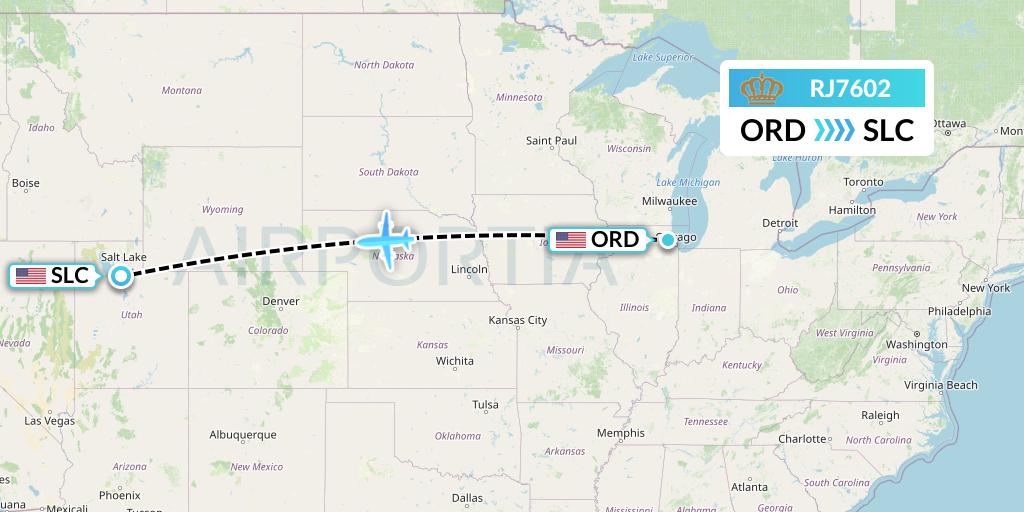 RJ7602 Royal Jordanian Flight Map: Chicago to Salt Lake City