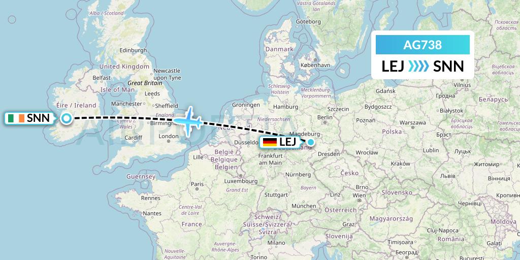 AG738 Aruba Airlines Flight Map: Leipzig to Shannon