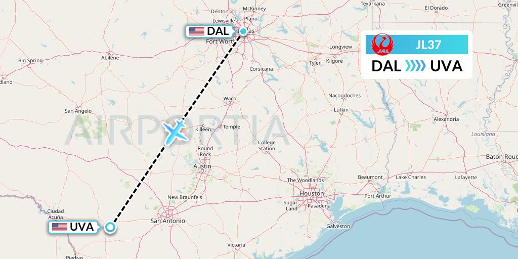 JL37 Japan Airlines Flight Map: Dallas to Uvalde