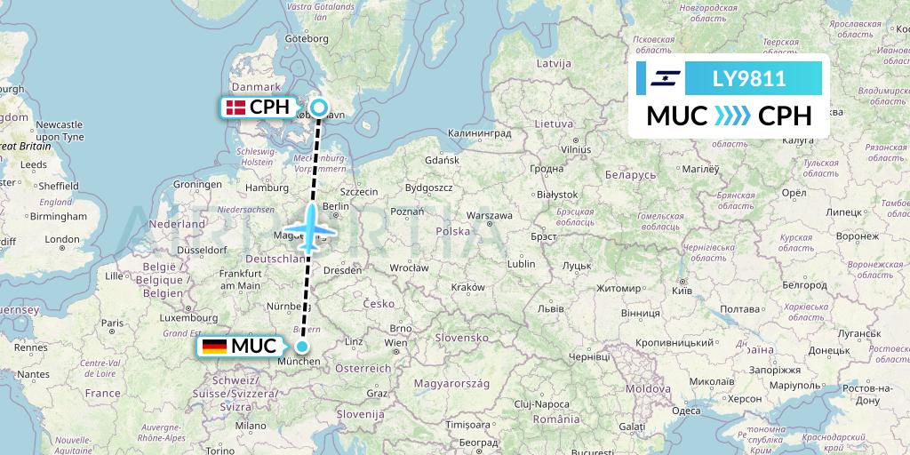 LY9811 El Al Flight Map: Munich to Copenhagen