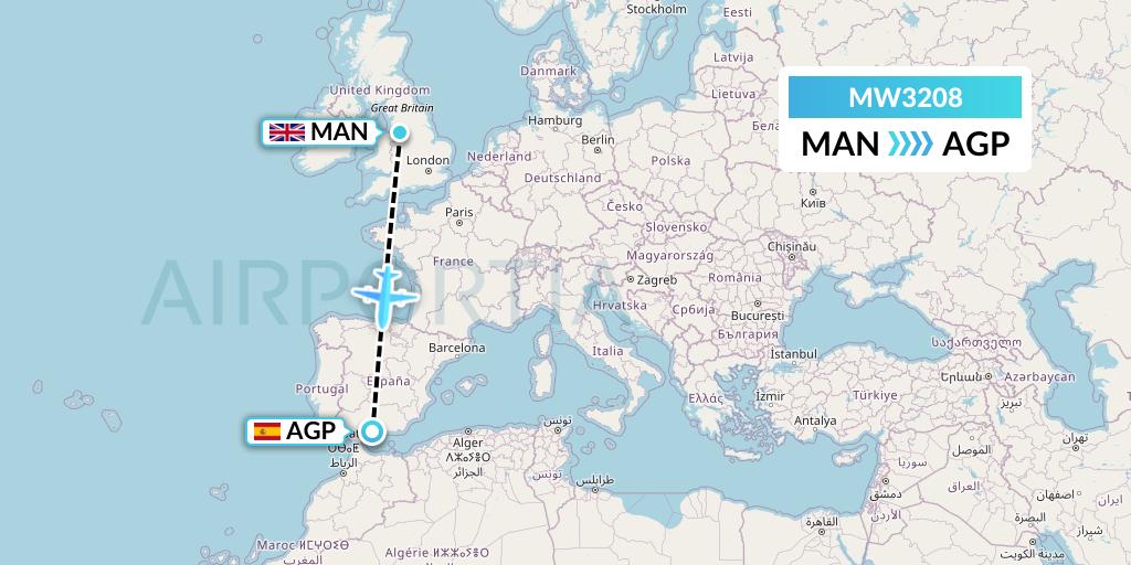 MW3208 Mokulele Flight Service Flight Map: Manchester to Malaga
