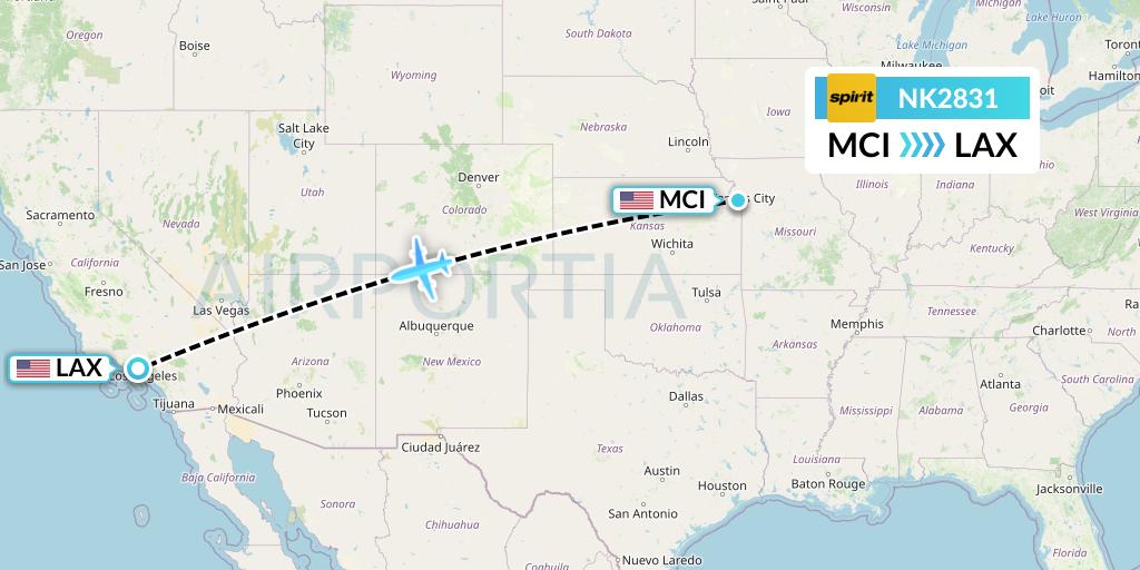 NK2831 Spirit Airlines Flight Map: Kansas City to Los Angeles